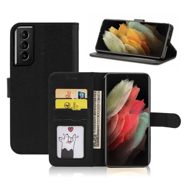 Galaxy S21 Plus Wallet Case Black Læder Læder Taske