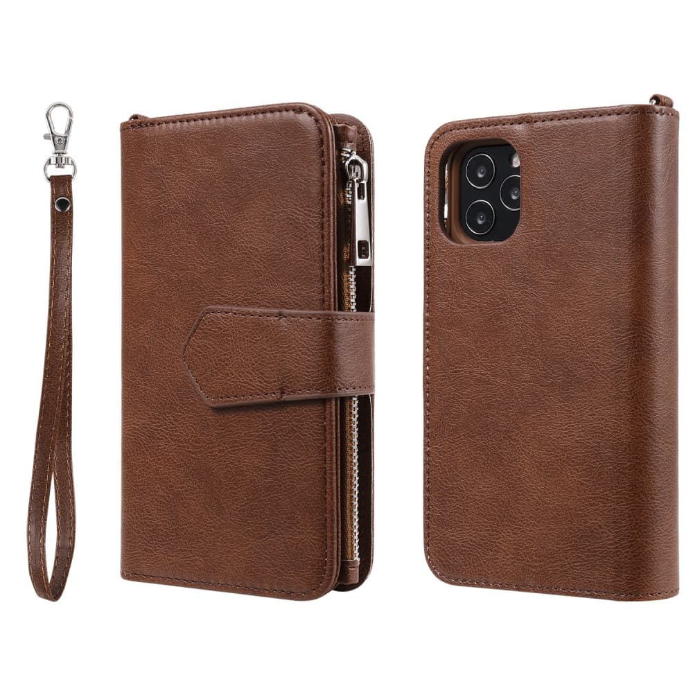 Zipper Magnet Leather Wallet iPhone 12/12 Pro Brun