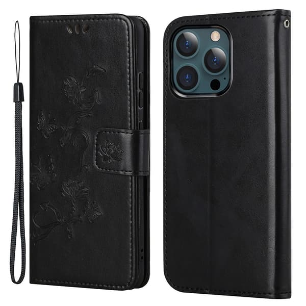 Läderfodral Fjärilar iPhone 13 Pro Max Svart