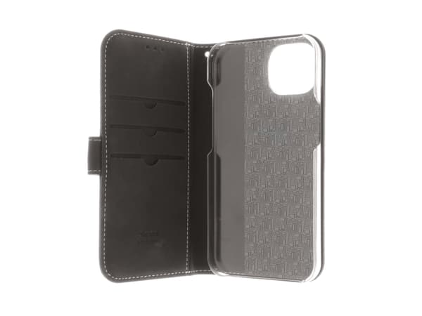 Insmat Exclusive - Lommebok for mobiltelefon - ekte skinn, termoplast-polyuretan (TPU), kartong+papir+aluminiumsfolie, bomullssting - svart - for App