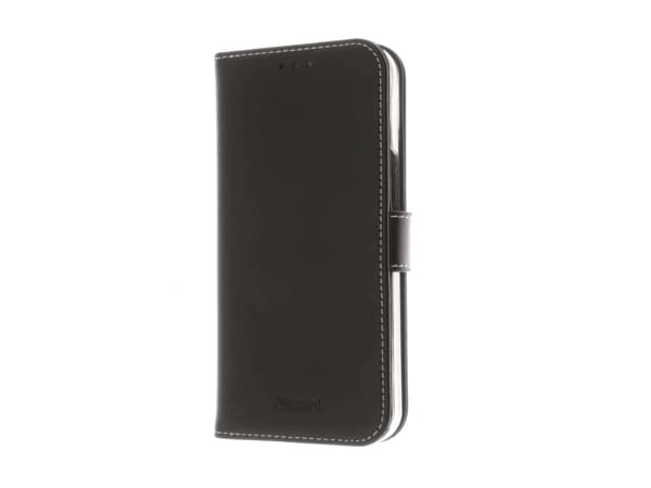 Insmat Exclusive - Lommebok for mobiltelefon - ekte skinn, termoplast-polyuretan (TPU), kartong+papir+aluminiumsfolie, bomullssting - svart - for App