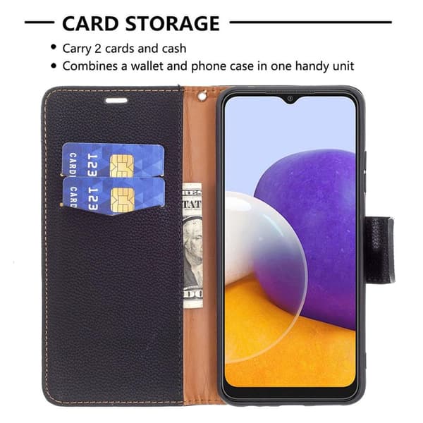 SKALO Samsung A22 5G Premium Litchi Flip Cover - Sort