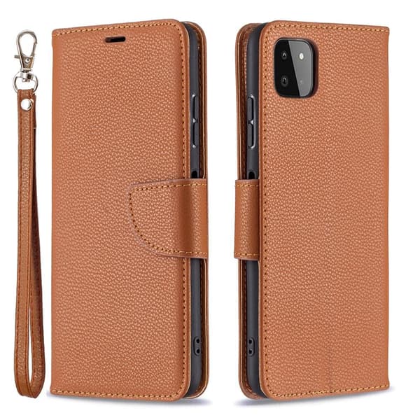 SKALO Samsung A22 5G Premium Litchi Flip Cover - Brun