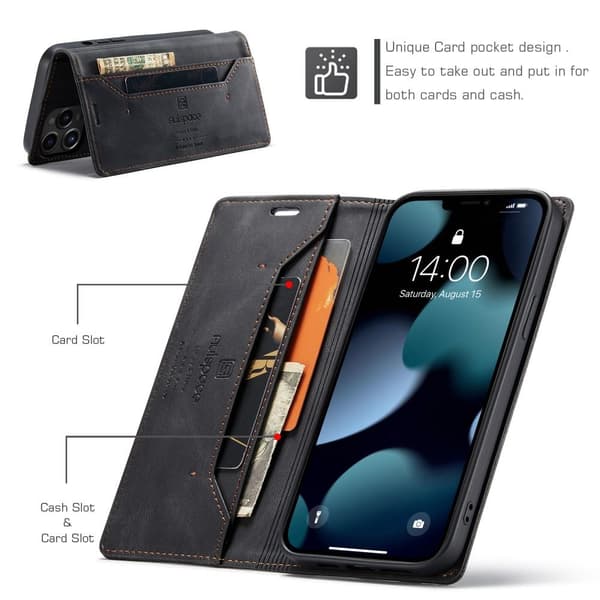 AUTSPACE A01 Retro tegnebog taske til iPhone 13 Pro - sort