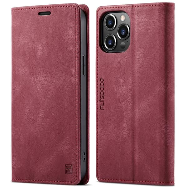 AUTSPACE A01 Retro Wallet Case for iPhone 13 Pro - Red