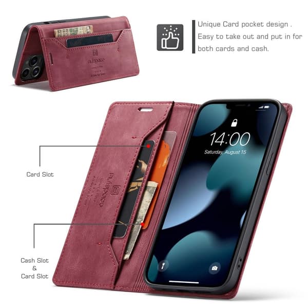 AUTSPACE A01 Retro tegnebog taske til iPhone 13 Pro Max - Rød