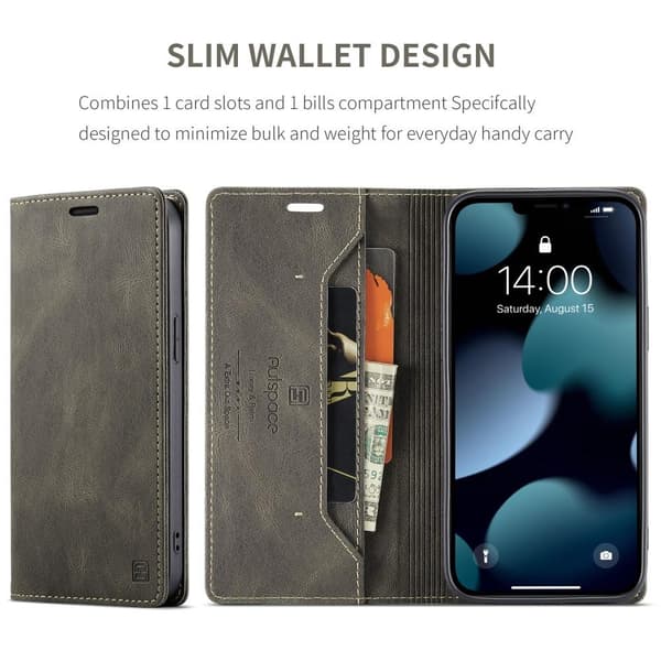 AUTSPACE A01 Retro Wallet Case for iPhone 13 Pro Max - Coffee