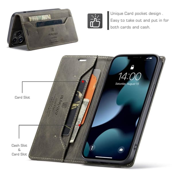 AUTSPACE A01 Retro Wallet Case for iPhone 13 Pro Max - Coffee