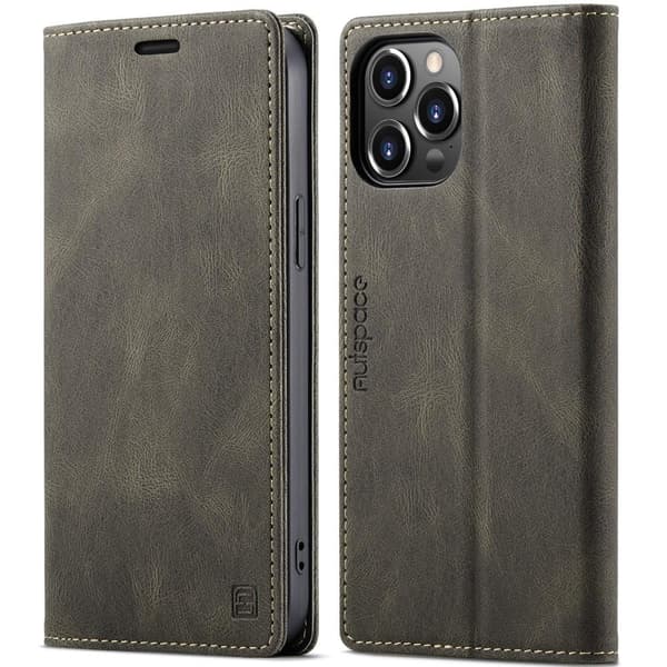AUTSPACE A01 Retro Wallet Case for iPhone 13 Pro Max - Coffee