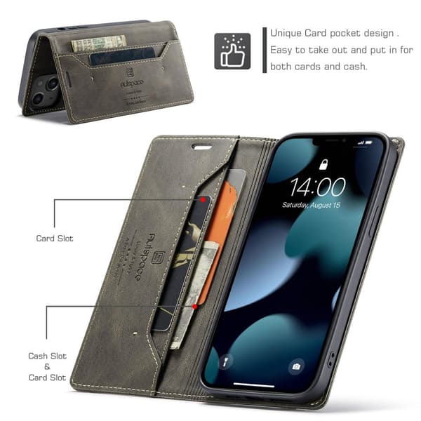 AUTSPACE A01 Retro tegnebog taske til iPhone 13 - Kaffe