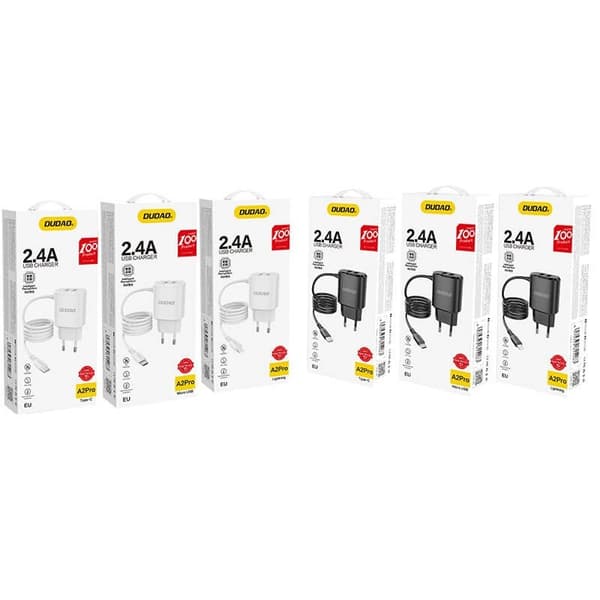 Dudao 2x USB Väggladdare med built-in lightning 12 W Kabel Svart