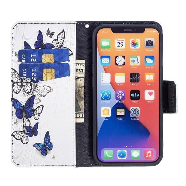 Plånboksfodral iPhone 13 Mini – Blåa och Vita Fjärilar