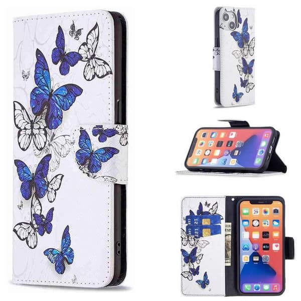 Plånboksfodral iPhone 13 Mini – Blåa och Vita Fjärilar