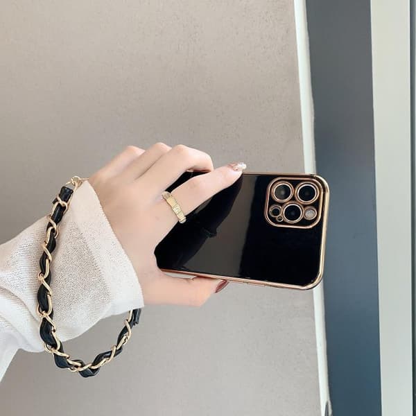 Case Iphone 13, 13 Pro, 13 Pro Max sort højglans med rem guld