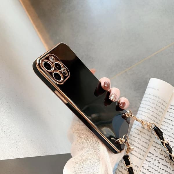 Case Iphone 13, 13 Pro, 13 Pro Max sort højglans med rem guld