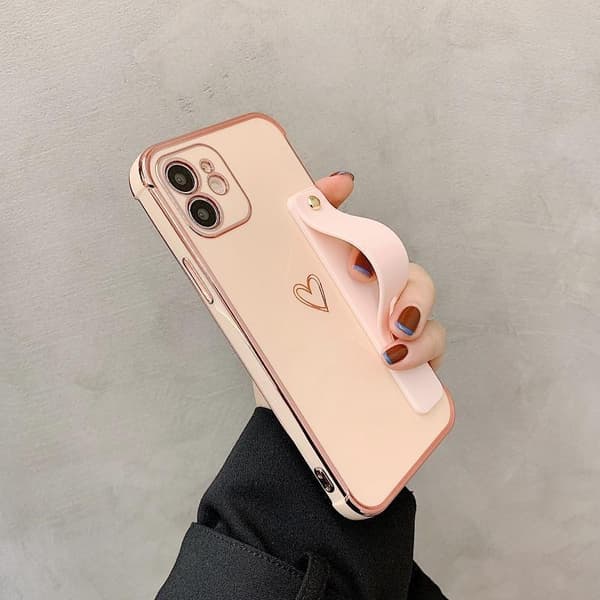 iPhone 13 cover med hjerte og ankelrem gulddetaljer pastel