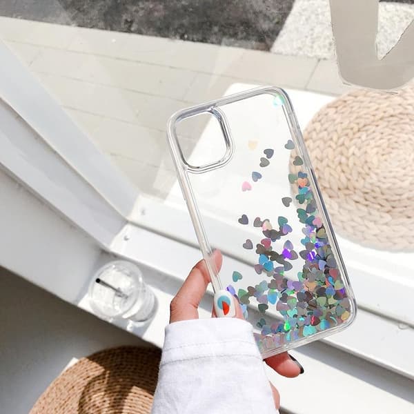iPhone 13 Pro Max case with floating hearts like quicksand glitter Silver