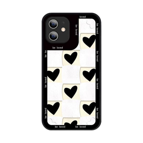 iPhone 13 , Pro & Max soft cover black and white checkered hearts iPhone 13