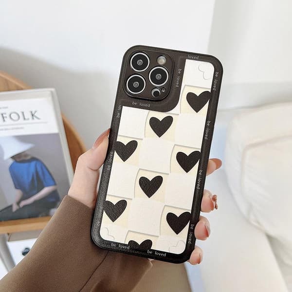iPhone 13 , Pro & Max soft cover black and white checkered hearts