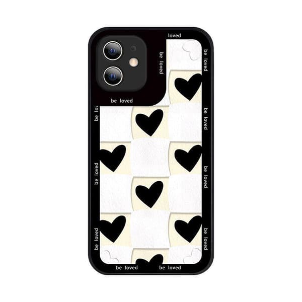iPhone 13 , Pro & Max soft cover black and white checkered hearts