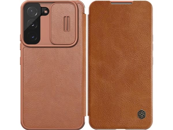 Nillkin Qin Leather Pro Case Case for Samsung Galaxy S22+ (S22 Plus) Kamerabeskytter Hylster Deksel Flip Case Brun