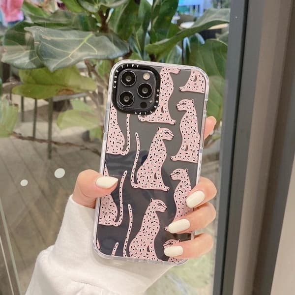 iPhone 13, Pro og Max gennemsigtigt cover med lyserøde leoparder