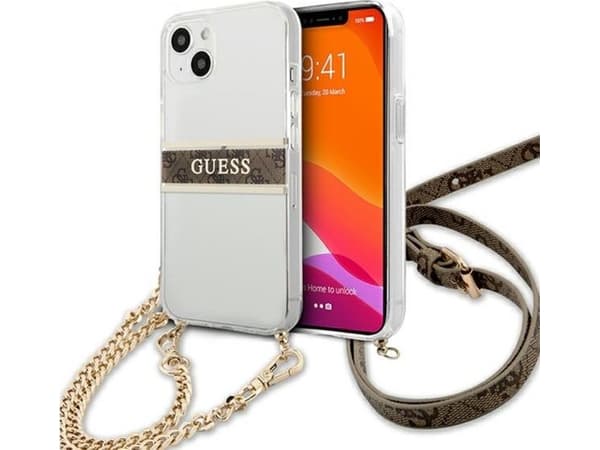 Guess Etui Guess GUHCP13SKC4GBGO Apple iPhone 13 mini Transparent hardcase 4G Brown Strap Gold Chain