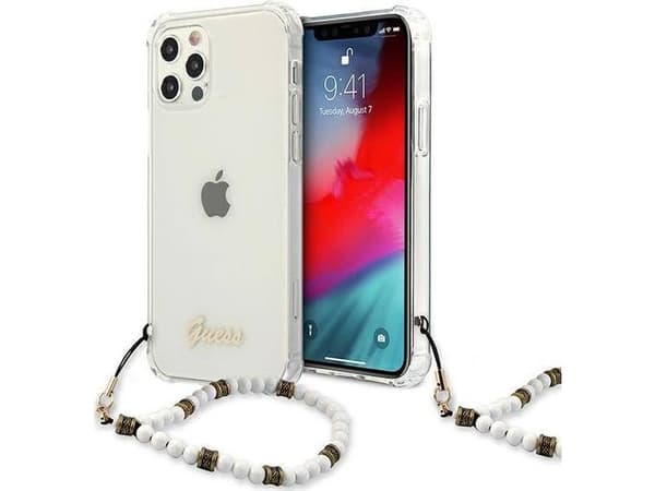 Dėklas GUHCP12MKPSWH Guess PC Script and Baltas Pearls Case for iPhone 12|12 Pro Transparent