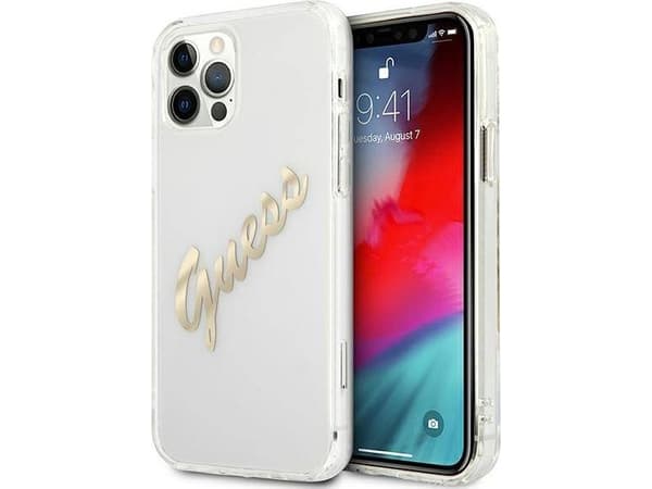 Guess GUHCP12LKTRSVGO iPhone 12 Pro Max 6.7 gjennomsiktig hardt deksel Vintage Script Gold
