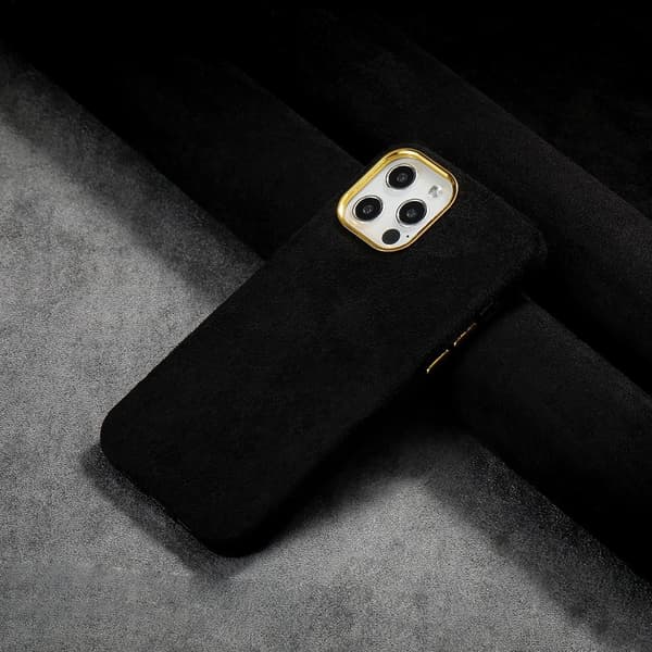iPhone 13 classic suede shell and gold frame and buttons