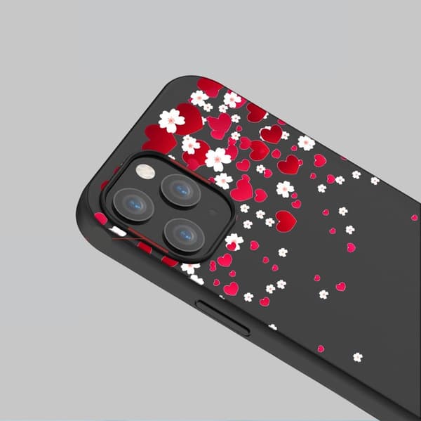 iPhone 13, Pro og Max sorte skal, romantiske blomster og hjerter 13 Pro