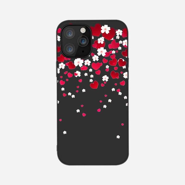 iPhone 13, Pro og Max sorte skal, romantiske blomster og hjerter