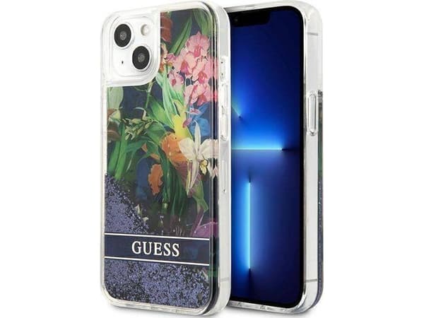 Guess GUHCP13MLFLSB iPhone 13 6.1" blue hardcase Flower Liquid Glitter