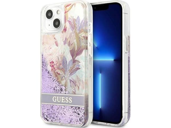 Guess GUHCP13SLFLSU iPhone 13 mini 5.4 violetti / violetti kova kotelo Kukka Nestemäinen Glitter