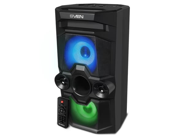 SVEN PS-655 2x25W; LED ekranas; TWS; FM radio; AUX; USB/SD-card support;Lighting; Microphone input (karaoke); Remote Control; Built-in equalizer