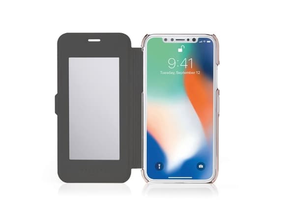 Kotelo Pipetto ohut lompakko peili iPhone XR:lle - musta/vaaleanpunainen kultaa