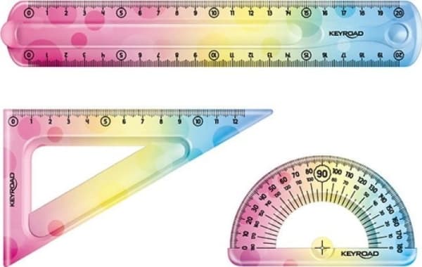 PBS Connect geometrisk fleksibel Keyroad Rainbow Deco linjal 20cm, sett firkantet 18cm gradskive 10cm p24