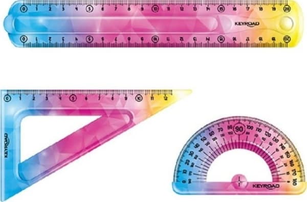 PBS Connect geometrisk fleksibel Keyroad Rainbow Deco linjal 20cm, sett firkantet 18cm gradskive 10cm p24