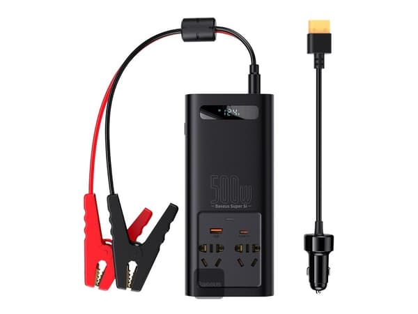 Baseus Power Inverter, Universal, Auto/sisätiloissa, 12 V, 500 W, 12,4 V, DC-AC, DC-AC musta