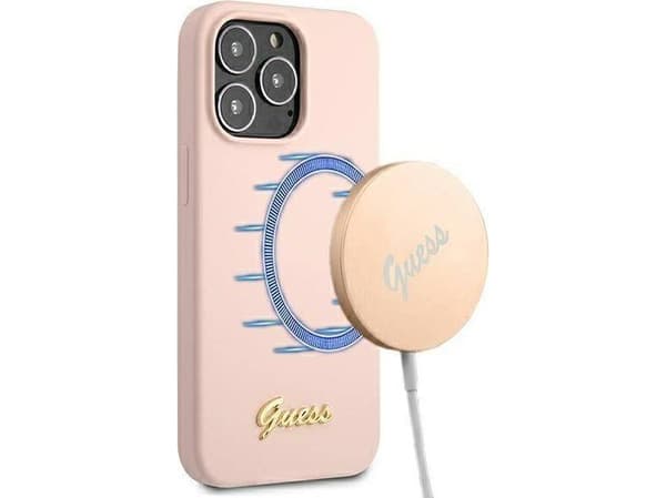 Guess-deksel til iPhone 13 Pro / 13 6.1 GUHMP13LLSLMGLP Lys rosa hardt deksel Silikonskrift Gulllogo Magsafe