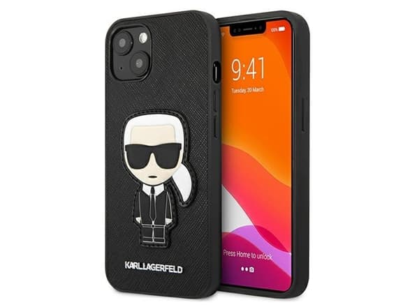 Dėklas Karl Lagerfeld Hardcase Saffiano Ikonik Karl`s Patch KLHCP13SOKPK galinis dangtelis, Apple, iPhone 13 mini, TPU, Juodas, 5,4 "