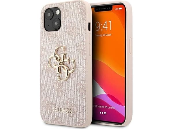 Guess PU 4G metallikotelo logolla iPhone 13 vaaleanpunainen