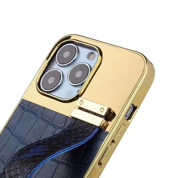 iPhone 13 case vegan leather with strap for good grip gold
