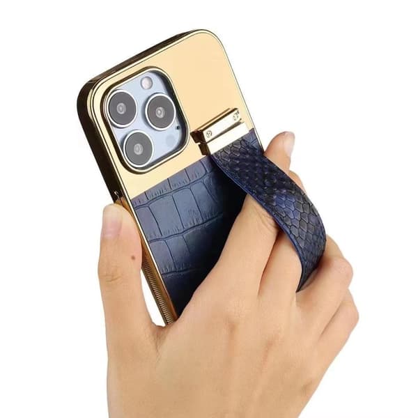 iPhone 13 Pro case vegan leather with strap for good grip gold