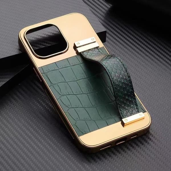 iPhone 13 Pro case vegan leather with strap for good grip gold Green