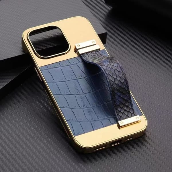 iPhone 13 Pro Max case vegan leather with strap for good grip gold