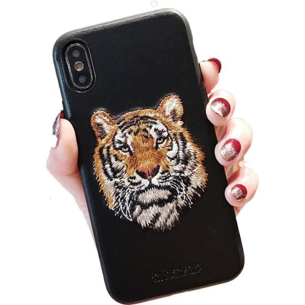 iPhone 13, Pro & Max black embroidered case with tiger vegan leather