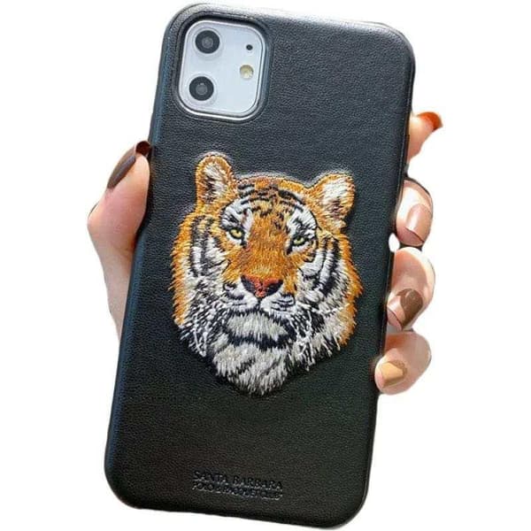 iPhone 13, Pro & Max black embroidered case with tiger vegan leather
