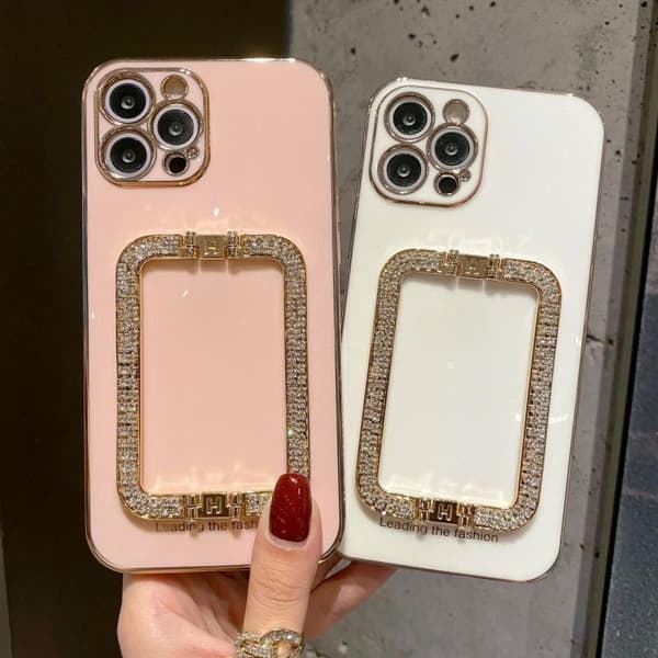 iPhone 13 Pro case handle with strass diamonds stand black white pink