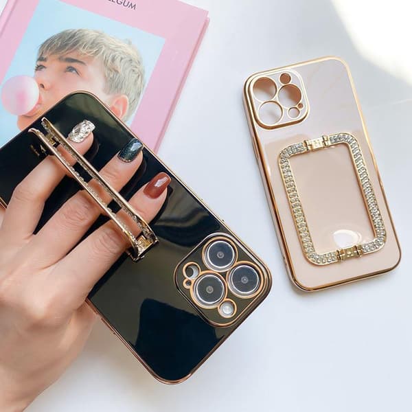 iPhone 13 Pro case handle with strass diamonds stand black white pink